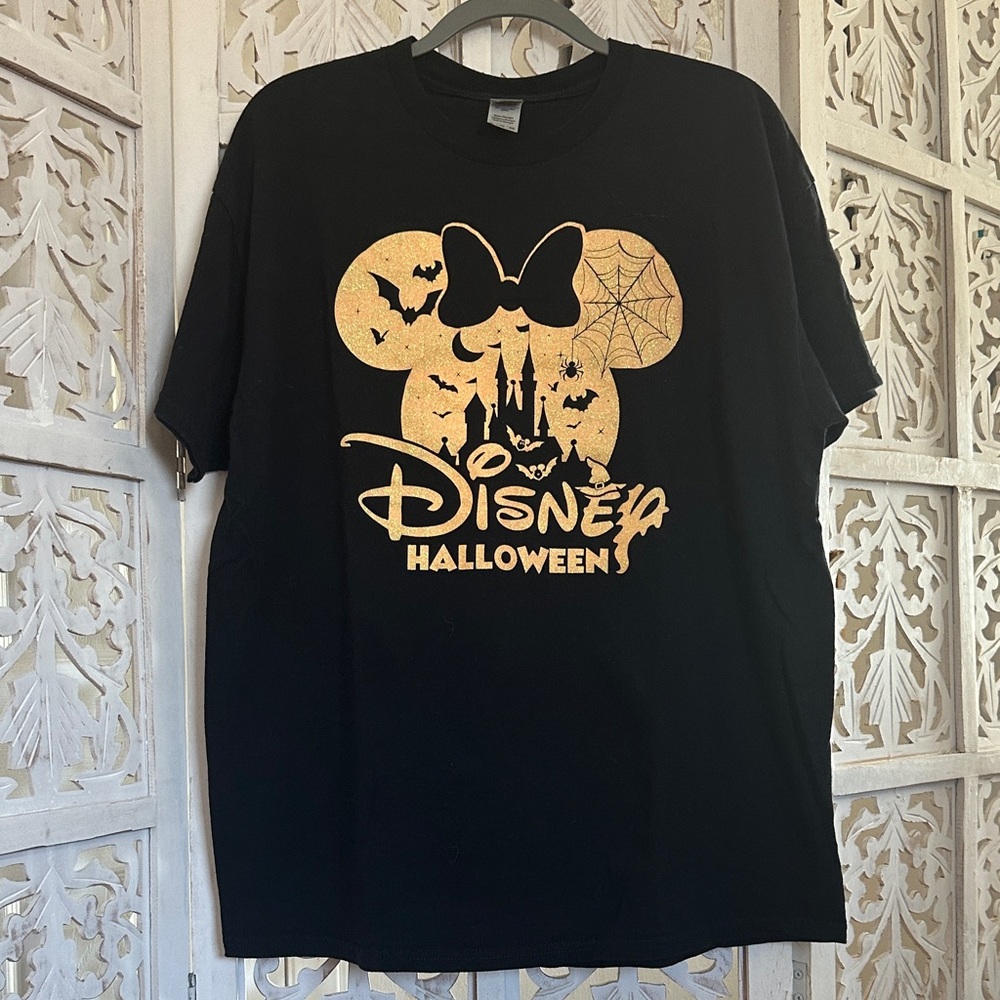 Disney Black T-Shirt with Gold Halloween Minnie Castle Graphic